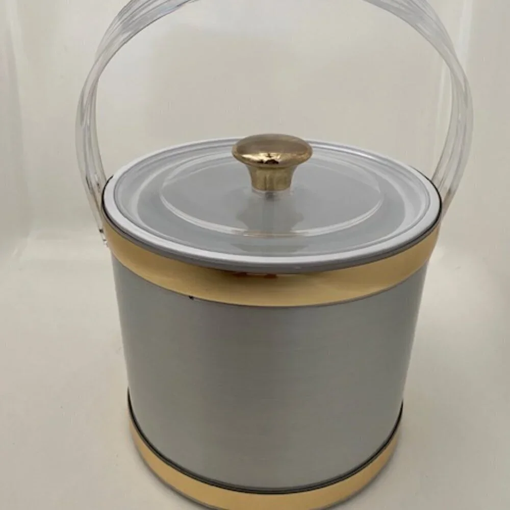 VINTAGE Culver Brushed Silver and Gold Acrylic Barware Ice Bucket